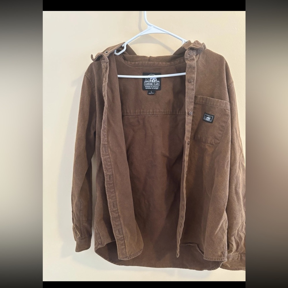 Lurking Class Button Up Brown Hoodie Mens Large  Flannel Hooded